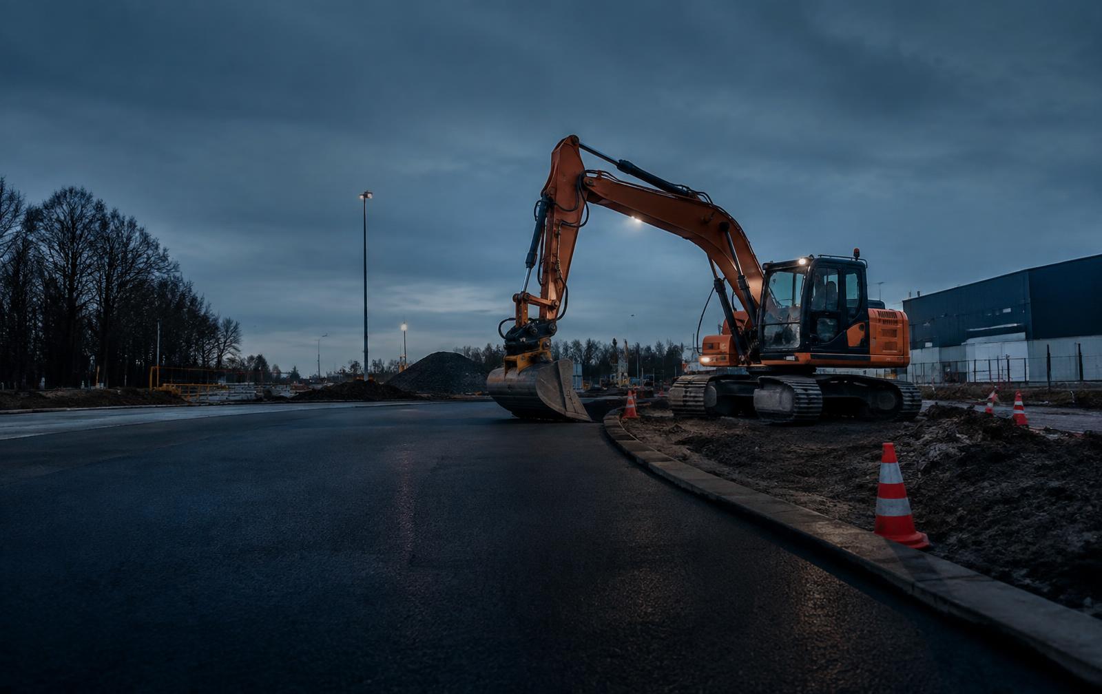 Graafmachine op een Nederlands infraproject bij het vallen van de avond